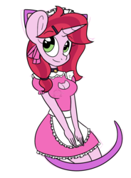 Size: 643x873 | Tagged: safe, artist:dativyrose, oc, oc only, oc:tongue tied, anthro, apron, bell, bell collar, breasts, cat ears, cleavage, clothes, collar, cute, dress, female, hat, maid, smiling, solo, tentacles, watermark