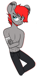 Size: 445x876 | Tagged: safe, artist:dativyrose, oc, oc only, anthro, abs, bandage, beard, ear piercing, eyebrow piercing, facial hair, grumpy, lip piercing, piercing, solo
