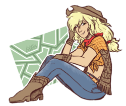 Size: 1111x937 | Tagged: safe, artist:monnarcha, applejack, human, g4, bandana, boots, clothes, cowboy boots, cowboy hat, female, freckles, front knot midriff, gloves, hat, humanized, looking at you, midriff, pants, signature, simple background, smiling, solo, stetson, transparent background, vest