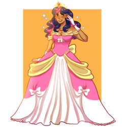 Size: 2000x2000 | Tagged: safe, artist:sparrowflightart, twilight sparkle, human, g4, beautiful, blushing, clothes, coronation dress, dark skin, dress, female, freckles, gloves, high res, humanized, moderate dark skin, princess, shoulder freckles, smiling, solo