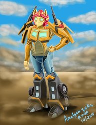 Size: 786x1017 | Tagged: safe, artist:amalgamzaku, sunset shimmer, equestria girls, g4, autobot, female, parody, solo, transformerfied, transformers