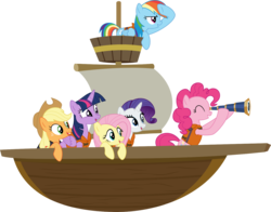 Size: 1500x1173 | Tagged: safe, artist:jeatz-axl, applejack, fluttershy, pinkie pie, rainbow dash, rarity, twilight sparkle, alicorn, pony, all bottled up, g4, best friends until the end of time, binoculars, boat, lifejacket, mane six, sailboat of friendship, simple background, transparent background, twilight sparkle (alicorn), vector