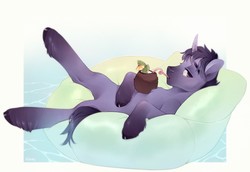 Size: 1280x879 | Tagged: safe, artist:frenky, oc, oc only, pony, unicorn, coconut, coconut cup, food, looking at you, looking sideways, male, on back, solo, spread legs, spreading, stallion, swimming pool, water
