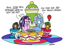 Size: 2284x1664 | Tagged: safe, artist:bobthedalek, starlight glimmer, trixie, pony, unicorn, all bottled up, g4, balloon, cup, fairground ride, female, mare, saddle bag, simple background, teacup, that pony sure does love teacups, tired, white background