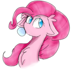 Size: 1266x1200 | Tagged: safe, artist:tizhonolulu, pinkie pie, earth pony, pony, g4, blue eyes, bubblegum, bust, chest fluff, colored pupils, colored sketch, ear fluff, female, floppy ears, food, gum, looking away, mare, portrait, simple background, sketch, solo, white background