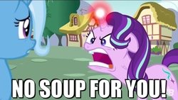Size: 1280x720 | Tagged: safe, edit, edited screencap, screencap, starlight glimmer, trixie, pony, unicorn, all bottled up, g4, angry, caption, female, glowing horn, horn, mare, meme, no soup for you, ragelight glimmer, seinfeld, soup nazi, text, this will end in communism, vein, vein bulge