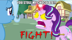 Size: 1280x720 | Tagged: safe, edit, edited screencap, screencap, starlight glimmer, trixie, pony, unicorn, all bottled up, g4, angry, chocolate, female, fight, food, glowing eyes, glowing horn, horn, image macro, mare, meme, mortal kombat, rage, ragelight glimmer, vein, vein bulge, yellow glowing eyes