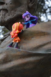 Size: 6000x4000 | Tagged: safe, artist:hero1290, sunset shimmer, twilight sparkle, equestria girls, g4, absurd resolution, climbing, doll, duo, equestria girls minis, eqventures of the minis, help, irl, photo, statue, toy