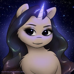 Size: 1500x1500 | Tagged: safe, artist:katputze, pony, unicorn, bust, female, glowing horn, horn, mare, michelle phan, night, ponified, portrait, smiling, solo, stars, youtuber
