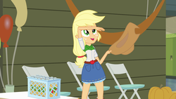 Size: 1920x1080 | Tagged: safe, screencap, applejack, equestria girls, g4, my little pony equestria girls, apple, apple cider, applejack's skirt, balloon, chair, cider, clothes, container, cowboy hat, denim skirt, female, freckles, gymnasium, hat, lockers, open mouth, pumpkin, skirt, solo, stetson, table