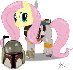 Size: 1592x1525 | Tagged: safe, fluttershy, g4, boba fett, clothes, cosplay, costume, female, helmet, looking at you, mandalorian, simple background, solo, standing, star wars, white background