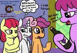 Size: 1300x900 | Tagged: dead source, safe, artist:radek1212, apple bloom, berry punch, berryshine, scootaloo, sweetie belle, earth pony, pegasus, pony, unicorn, celestial advice, g4, alcohol, bad influence, cutie mark crusaders, dialogue, dialogue wheel, female, filly, i like turtles, mass effect, this will end in jail time, this will not end well, wine, wine bottle