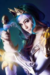 Size: 640x960 | Tagged: safe, artist:annalynncosplay, princess celestia, human, g4, clothes, cosplay, costume, female, irl, irl human, photo, solo, sword, weapon