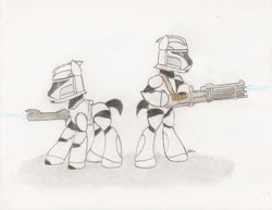 Size: 1096x848 | Tagged: safe, artist:brogararts, pony, clone trooper, clone wars, drawing, gun, minigun, ponified, rifle, star wars, weapon