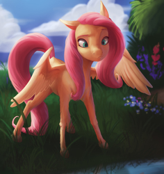 Size: 1917x2028 | Tagged: safe, artist:starblaze25, fluttershy, pegasus, pony, g4, cloud, cross-eyed, cute, female, flower, grass, looking at something, looking down, mare, shyabetes, sky, solo, spread wings, water, wings