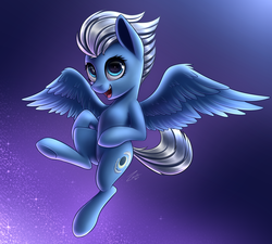 Size: 2507x2261 | Tagged: safe, artist:deltauraart, night glider, pegasus, pony, g4, abstract background, female, flying, high res, smiling, solo, spread wings, wings