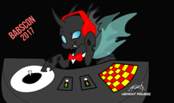 Size: 1280x764 | Tagged: safe, artist:midnightpremiere, artist:suskii, color edit, edit, oc, oc only, oc:suskii, changeling, bowtie, changeling oc, clothes, colored, commission, headphones, rave, smiling, tuxedo