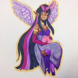 Size: 2448x2448 | Tagged: safe, artist:mylittleyuri, twilight sparkle, alicorn, human, g4, corrupted, corrupted twilight sparkle, dark skin, elf ears, female, high res, horn, horned humanization, humanized, solo, traditional art, twilight sparkle (alicorn), winged humanization, wings