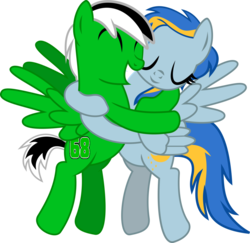 Size: 1024x994 | Tagged: safe, artist:jeremeymcdude, oc, oc only, oc:moondust messerschmitt, oc:rick "dash" witt, pegasus, pony, g4, hug, shipping, show accurate, simple background, transparent background, vector