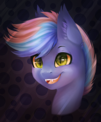 Size: 1024x1240 | Tagged: safe, artist:csox, oc, oc only, oc:echo melody, bat pony, pony, abstract background, bust, colored pupils, commission, fangs, female, mare, open mouth, slit pupils, smiling, solo