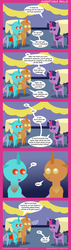 Size: 700x2467 | Tagged: safe, artist:deusexequus, twilight sparkle, alicorn, changedling, changeling, pony, g4, breaking the fourth wall, bughorse, bughorse noises, comic, cute, cuteling, deadpan snarker, descriptive noise, dialogue, female, horse noises, mare, open mouth, pointy ponies, smiling, speech bubble, trio, twiabetes, twilight sparkle (alicorn), twilight sparkle is not amused, unamused