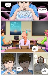 Size: 835x1280 | Tagged: safe, artist:amaraburrger, oc, oc only, human, anthro, comic:my little daydream, classroom, clothes, comic, dialogue, evil laugh, gendo pose, human to anthro, human to pony, patreon, smiling, speech bubble, transformation