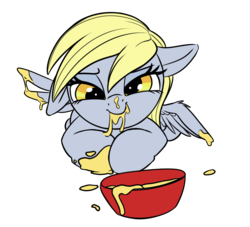 Size: 958x870 | Tagged: safe, artist:wenni, derpibooru exclusive, derpy hooves, pony, g4, bowl, cheese, female, floppy ears, food, looking at you, messy eating, simple background, solo, transparent background