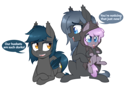 Size: 1250x869 | Tagged: safe, artist:higglytownhero, oc, oc only, oc:angel tears, oc:sirocca, oc:speck, bat pony, pony, clothes, commission, cute, dialogue, female, filly, grandmother and grandchild, grandmother and granddaughter, hoodie, mare, mother and child, mother and daughter, ocbetes, prone, simple background, sitting, speech bubble, sweater, transparent background, trio