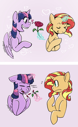 Size: 2400x3906 | Tagged: safe, artist:overlordneon, sunset shimmer, twilight sparkle, alicorn, pony, unicorn, g4, cute, duo, eating, eyes closed, female, flower, herbivore, high res, horses doing horse things, in the human world for too long, lesbian, levitation, magic, reality ensues, rose, ship:sunsetsparkle, shipping, telekinesis, twiabetes, twilight sparkle (alicorn)