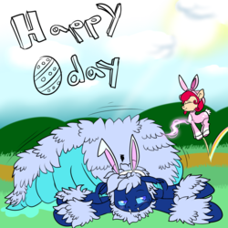 Size: 1080x1080 | Tagged: safe, artist:jerrid120, oc, oc:cherry spritzer, oc:erik, changeling, earth pony, pony, abdomen, blue changeling, bunny suit, chunkling, clothes, easter, fat