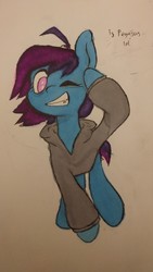 Size: 1681x2988 | Tagged: safe, artist:derpystarlet, oc, oc only, oc:april showers, pony, clothes, cute, female, hoodie, mare, solo, traditional art, transgender