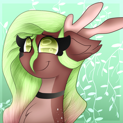 Size: 1024x1024 | Tagged: safe, artist:tizhonolulu, oc, oc only, oc:angelablast, deer, deer pony, original species, abstract background, blue background, bust, choker, floppy ears, horns, solo, yellow eyes