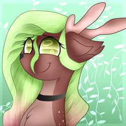 Size: 1024x1024 | Tagged: safe, artist:tizhonolulu, oc, oc only, oc:angelablast, deer, deer pony, original species, abstract background, blue background, bust, choker, floppy ears, horns, solo, yellow eyes