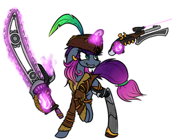 Size: 2320x1881 | Tagged: safe, artist:nekro-led, oc, oc only, oc:nebula, cyborg, pony, amputee, blade, chainsaw, clothes, ear piercing, earring, feather, female, flintlock, hairband, jewelry, magic, mare, piercing, prosthetic limb, prosthetics, simple background, solo, space pirate, sword, telekinesis, tricorne, weapon, white background