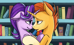 Size: 2000x1235 | Tagged: safe, artist:vistamage, starlight glimmer, sunburst, pony, unicorn, celestial advice, g4, book, bookshelf, crossed horns, duo, female, horn, horns are touching, lidded eyes, looking at each other, male, mare, missing accessory, ship:starburst, shipping, stallion, straight