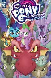 Size: 1054x1600 | Tagged: safe, artist:agnesgarbowska, idw, official comic, ballista, basil, princess ember, prominence, spike, dragon, g4, wings over yakyakistan, spoiler:comic, spoiler:comic56, cover, dragoness, female, unnamed character, unnamed dragon