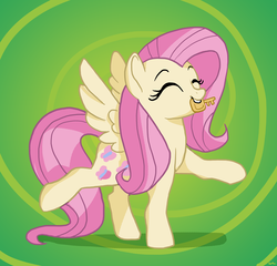 Size: 4602x4422 | Tagged: safe, artist:docwario, fluttershy, pony, all bottled up, g4, abstract background, absurd resolution, cute, eyes closed, female, happy, key, mouth hold, raised hoof, raised leg, shyabetes, smiling, solo, spread wings, wings