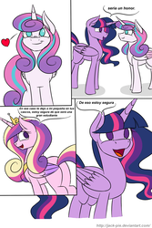 Size: 1200x1800 | Tagged: safe, artist:jack-pie, princess cadance, princess flurry heart, twilight sparkle, alicorn, pony, g4, comic, female, heart, mare, older, open mouth, simple background, spanish, translated in the comments, twilight sparkle (alicorn), white background
