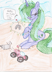 Size: 1580x2200 | Tagged: safe, artist:wyren367, oc, oc only, oc:marina, beach, colored pencil drawing, dialogue, eyes closed, happy, jewelry, levitation, motion lines, raised hoof, rc car, sitting, solo, traditional art
