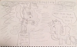 Size: 2905x1784 | Tagged: safe, artist:smurfettyblue, princess celestia, oc, oc:bolt, alicorn, pony, g4, alicorn oc, bolt: the greatest villain ever created, celestia statue, crying, evil, fanfic, fanfic art, pure evil, speech bubble, spread wings, statue, traditional art, wings