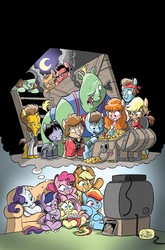 Size: 1054x1600 | Tagged: safe, artist:jay fosgitt, idw, applejack, fluttershy, pinkie pie, rainbow dash, rarity, twilight sparkle, alicorn, pony, g4, cover, mane six, no logo, parody, television, textless, the goonies, twilight sparkle (alicorn), watching tv