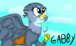 Size: 2880x1728 | Tagged: safe, artist:viejillox64art, gabby, griffon, g4, the fault in our cutie marks, female, grin, saddle bag, smiling, solo