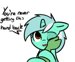 Size: 1027x842 | Tagged: safe, artist:neuro, lyra heartstrings, oc, oc:anon, human, pony, unicorn, g4, cute, dialogue, disembodied hand, female, floppy ears, hand, human on pony petting, lyrabetes, mare, one eye closed, petting, simple background, solo focus, that pony sure does love hands, transparent background