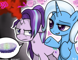 Size: 1359x1047 | Tagged: safe, artist:yorozpony, starlight glimmer, trixie, pony, unicorn, all bottled up, g4, anger magic, cross-popping veins, cup, duo, magic, teacup