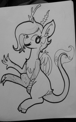 Size: 1080x1729 | Tagged: safe, artist:tjpones, discord, g4, eris, lineart, monochrome, rule 63, solo, traditional art