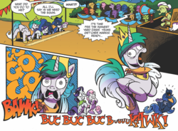 Size: 889x656 | Tagged: safe, artist:andypriceart, idw, granny smith, princess celestia, princess luna, rarity, sweetie belle, alicorn, bird, chicken, pony, unicorn, g4, spoiler:comic, spoiler:comicff38, andy you magnificent bastard, behaving like a bird, behaving like a chicken, chickenlestia, female, filly, hilarious in hindsight, hypnosis, hypnotized, laughing, majestic as fuck, mare, royal sisters, wat
