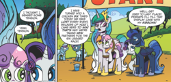 Size: 898x435 | Tagged: safe, artist:andy price, idw, princess celestia, princess luna, rarity, sweetie belle, alicorn, pony, friends forever #38, g4, my little pony: friends forever, spoiler:comic, female, mare, sibling rivalry, sibling swap, sister swapping