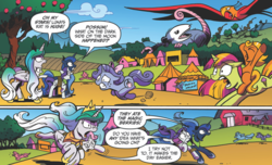 Size: 901x549 | Tagged: safe, artist:andypriceart, idw, philomena, princess celestia, princess luna, rarity, sweetcream scoops, sweetie belle, tiberius, alicorn, phoenix, pony, friends forever #38, g4, my little pony: friends forever, spoiler:comic, female, filly, mare, ponies riding ponies, ren and stimpy, riding