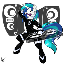 Size: 2792x2768 | Tagged: safe, artist:cynos-zilla, dj pon-3, vinyl scratch, pony, unicorn, semi-anthro, g4, black lantern, blackest night, clothes, dc comics, female, green lantern, high res, mare, simple background, solo, speaker, sunglasses, transparent background, turntable