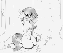 Size: 3000x2520 | Tagged: safe, artist:little-sketches, oc, oc only, earth pony, pony, blushing, commission, cute, eye clipping through hair, female, floppy ears, glasses, grass, high res, kneeling, mare, monochrome, ocbetes, paper, solo, tree